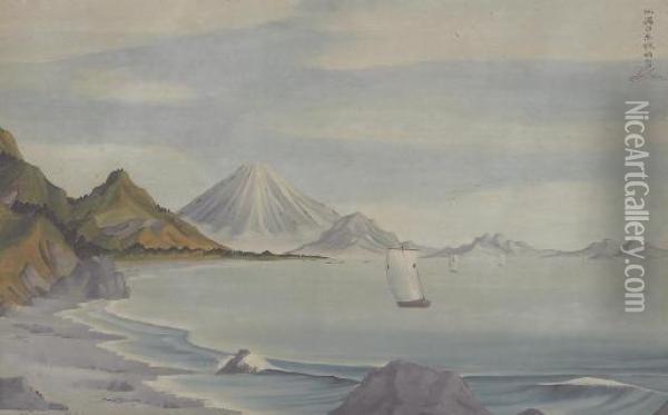 Distant View Of Mounts Fuji And Satta From Suruga Bay Oil Painting - Shiba Kokan