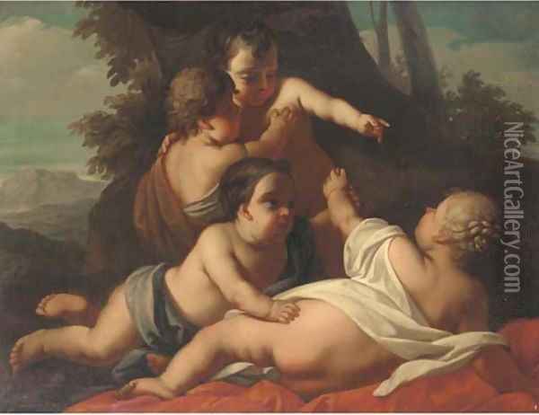 Putti disporting in a wooded landscape Oil Painting - Carlo Cignani