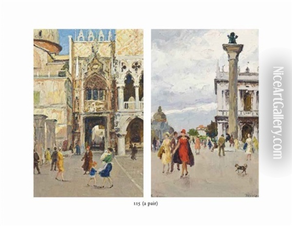 Figures Strolling On The Molo; Figures By The Doge's Palace, Venice (pair) Oil Painting - Stefano Novo