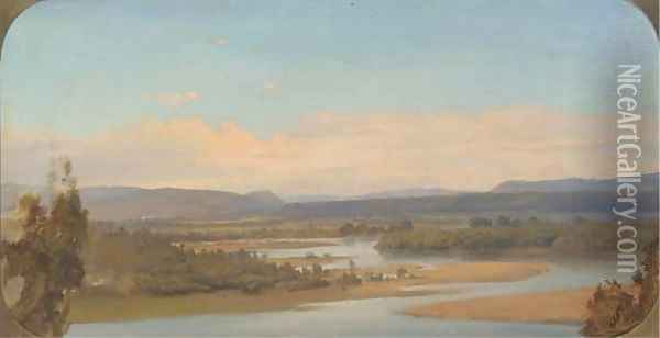 A river running through an extensive landscape Oil Painting - American School