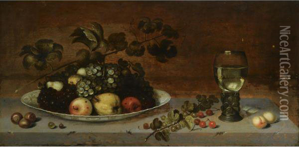 A Still Life With Grapes, Apples, A Quince And Pears On A Wan-li Porcelain Dish, Together With Medlars, Gooseberries, Cherries And Peaches, All On A Stone Ledge With A Roemer Oil Painting - Jan, Johannes Baumann