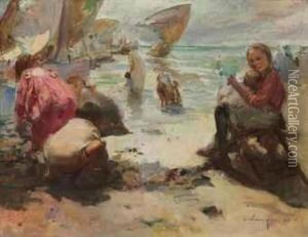 Children On The Beach Oil Painting - Jose Navarro