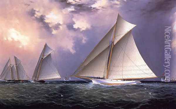 Mischief and Gracie America's Cup Trial Race, 1881 Oil Painting - James E. Buttersworth