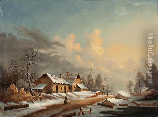 Verschneite Winterlandschaft Mit Personen Auf Der Dorfstrase Oil Painting - Jules Escuyer