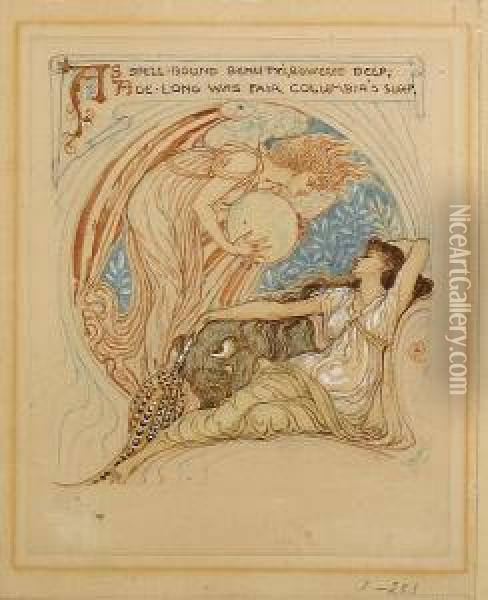 'as Spell-bound Beauty's, Bowered Deep,age-long Was Fair Columbia's Sleep' Oil Painting - Walter Crane