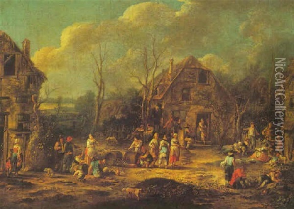 A Village Scene With Figures Drinking And Filling Up Their Vessels Oil Painting - Hendrick de Meyer the Younger