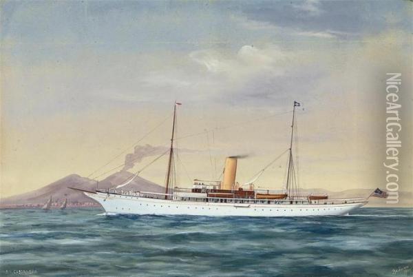 The American Steam Yacht 
Cassandra 
 Cruising In Mediterraneanwaters Off Naples Oil Painting - Antonio de Simone