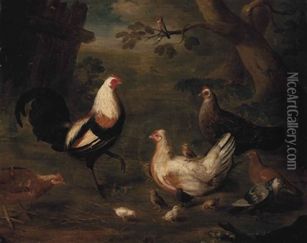 A Duckwing Game Cock, Hens And Chicks In A Farm, A Wooded Landscape Beyond Oil Painting - Louis (Lewis) Hubner