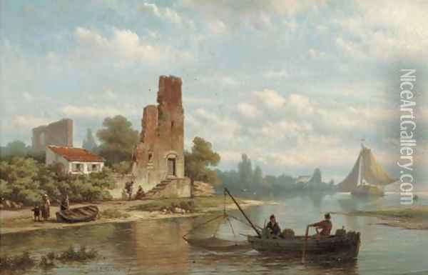 Fishermen near a ruin on a riverbank Oil Painting - Johannes Hermanus Koekkoek