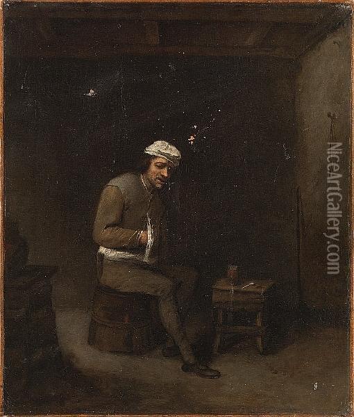 A Peasant Seated In An Interior At A Table With A Jug And A Pipe Oil Painting - Pieter Harmensz Verelst