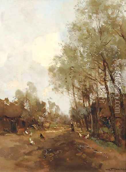 Brabantsch landschap chickens on a country path Oil Painting - W. Jansens