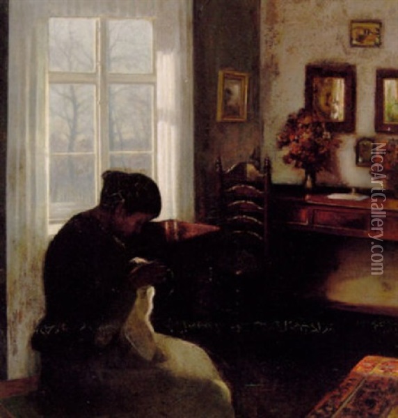 Interior Med Syende Pige Ved Vinduet Oil Painting - Carl Vilhelm Holsoe