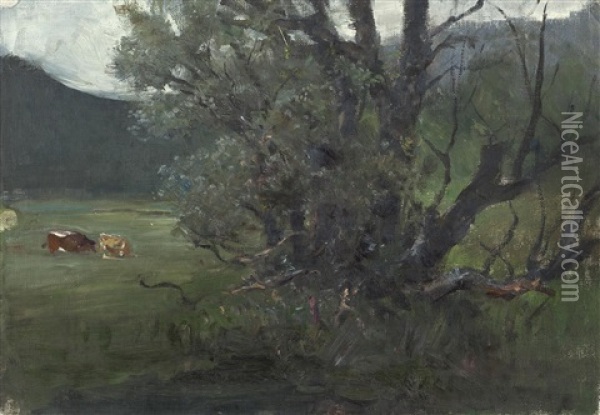 Groser Baum In Wiese Mit Kuhen Oil Painting - Julius von Blaas