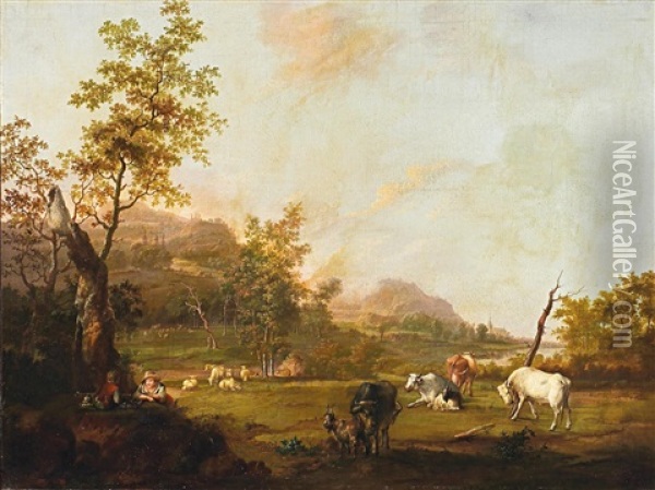 Landschaft Mit Vieh Oil Painting - Joseph Augustus Knip