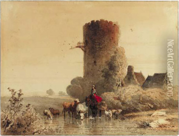 A Shepherdess Watering Her Cattle Near A Ruined Tower Oil Painting - Johan Philip Koelman