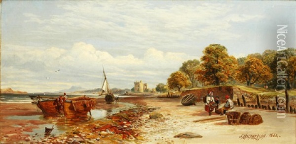 Fisherfolk On The Shore Before Barnbougle Castle Oil Painting - John MacPherson