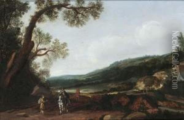 Hilly Landscape With Travellers And A Horseman On A Path Oil Painting - Esaias Van De Velde