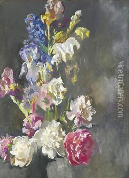 Still Life Study Of Peonies And Iris Oil Painting - Edmund Charles Tarbell