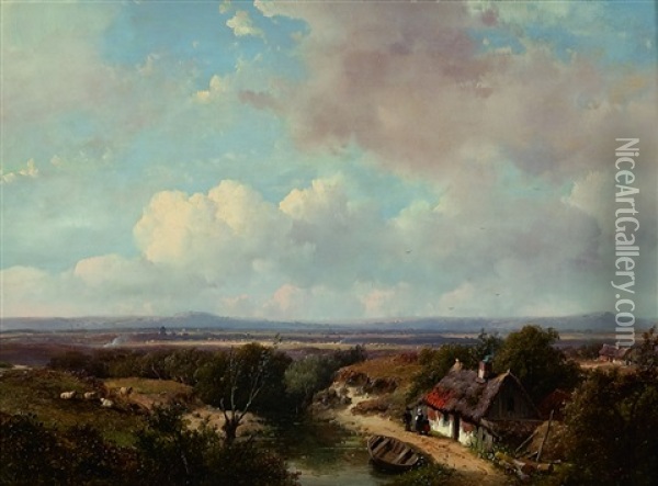 A Panoramic Summer Landscape Oil Painting - Andreas Schelfhout