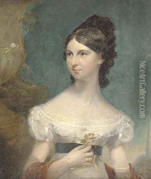 Portrait of a lady, small half-length, in a white dress and orange shawl, holding a flower Oil Painting - English School