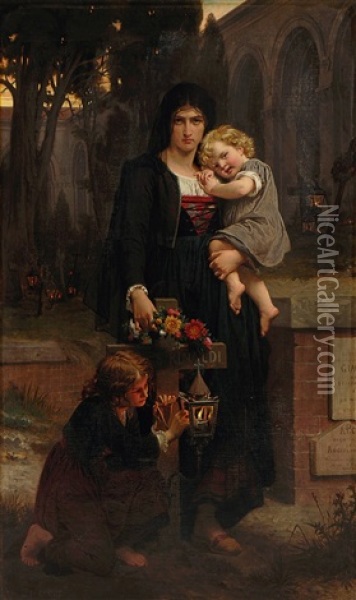 Mutter Mit Ihren Beiden Kindern Am Grab Des Vaters Oil Painting - Pierre Auguste Cot