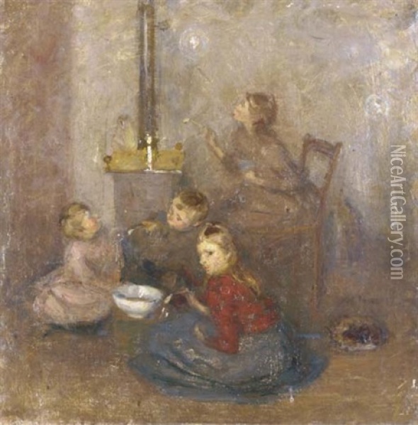The Children Of The Artist Blowing Bubbles Oil Painting - Joseph Raphael