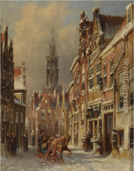 Figures On A Sledge In A Snow-covered Dutch Town Oil Painting - Pieter Gerard Vertin