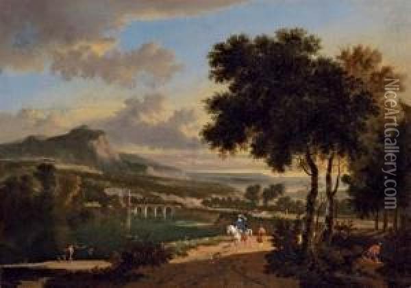 An Extensive Landscape With 
Travellers, Fishermen And Cattle Drovers On A Path, A Roman Bridge 
Beyond Oil Painting - Jan Hackaert