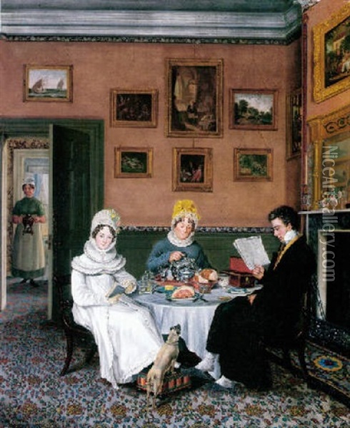 A Gentleman And Two Ladies Taking Breakfast Oil Painting - Abraham Bruiningh van Worrell