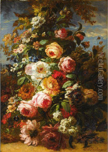Bouquet De Fleurs Dans Un Paysage Oil Painting - Louis Boulange
