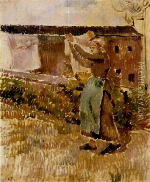 Femme Etendant Du Linge Oil Painting - Camille Pissarro