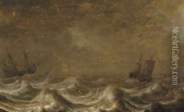 A threemaster and a wijdschip offshore, as a storm approaches Oil Painting - Pieter the Elder Mulier
