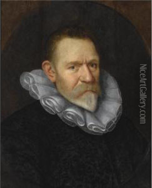 A Portrait Of A Bearded 
Gentleman, Aged 60, Bust Length, Wearing A Black Coat With A White 
Collar, In A Painted Oval Oil Painting - Paulus Moreelse