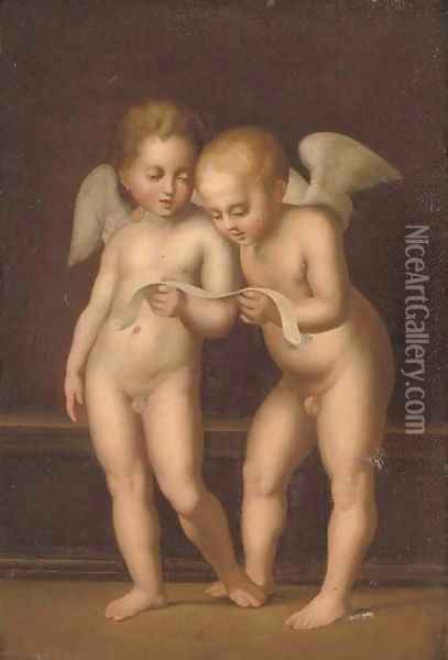 Two putti reading Oil Painting - Raphael