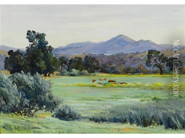 Cows In A Pasture With Hills Beyond Oil Painting - Anna Althea Hills