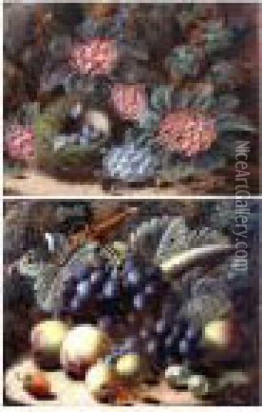 Still Life Of Flowers And A Birds Nest Witheggs, And Another, A Still Life Of Fruit Oil Painting - Oliver Clare