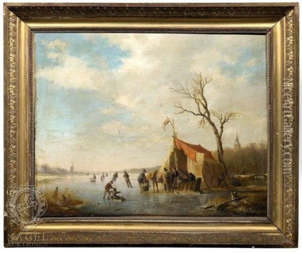 Winterliches Eisvergnugen Auf Einem Zugefrorenen Kanal Oil Painting - Hendrik van de Sande Bakhuyzen