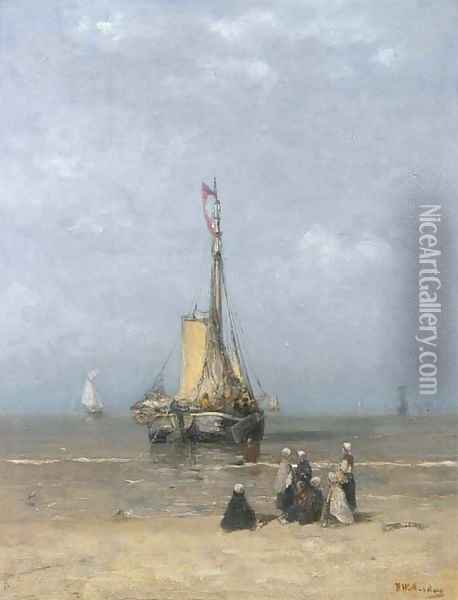 A Bomschuit in the breakers on a calm day Oil Painting - Hendrik Willem Mesdag