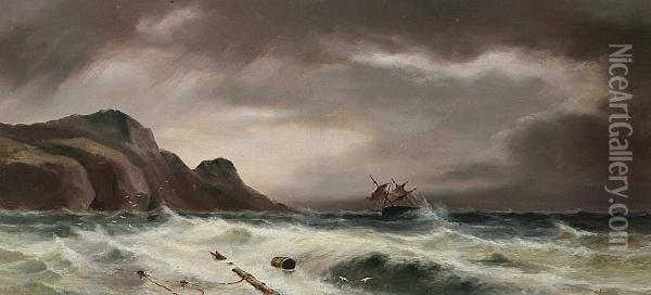 A Stormy Coastal Scene With A Two Master In Trouble, Signed Oil Painting - S.L. Kilpack