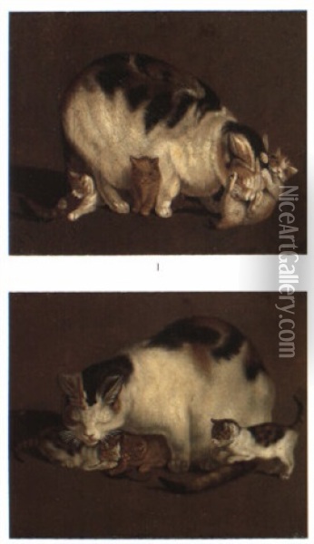 Katzenmutter Und Ihre Kinder (+ Another, Similar; Pair) Oil Painting - Gottfried Mind