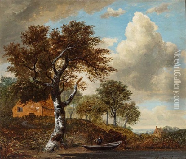 Herbstliche Flusslandschaft Mit Nachen Oil Painting - Heinrich Vosberg