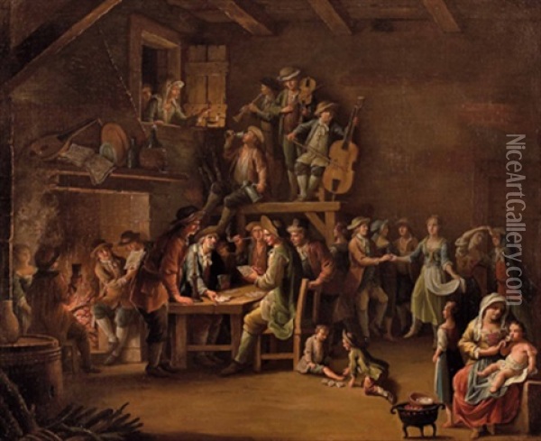 Im Wirtshaus Mit Kartenspielern, Tanzern Und Musikanten Oil Painting - Giovanni Battista Innocenzo Colombo