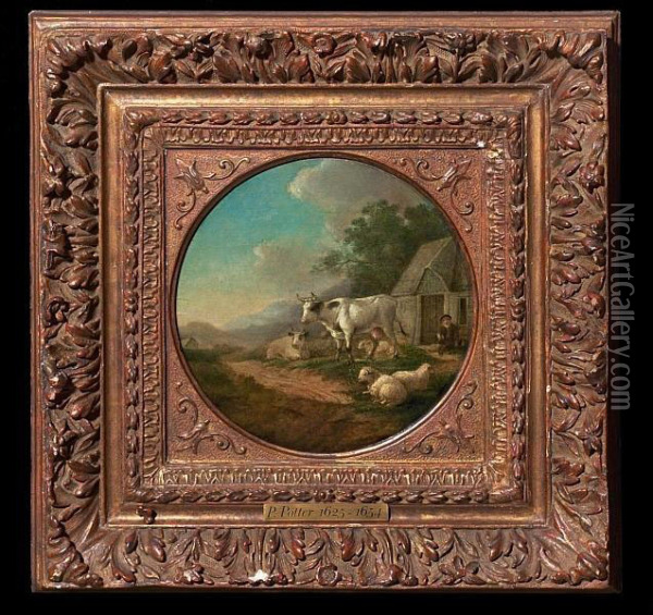 Copy After: Cattle By Small 
Farm, In The Background Mountains. Unsigned. Oil On Plate. Diam. 18,5 Cm Oil Painting - Paulus Potter