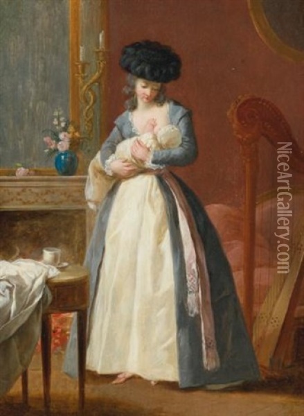 A Lady, Said To Be Madame Danloux, Nursing Her Child In A Drawing Room Oil Painting - Francois Guillaume Menageot