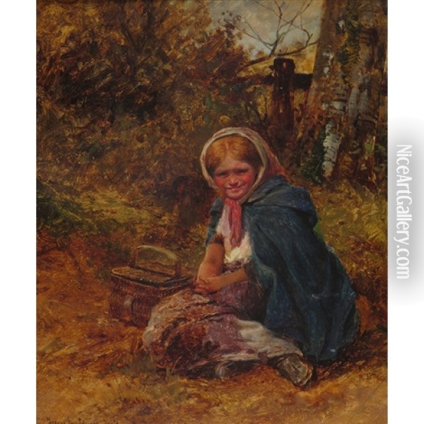 Young Girl Seated By A Tree With Her Basket Oil Painting - David Bates