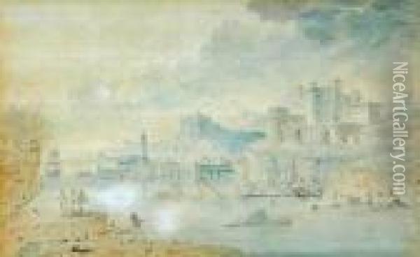 Manner Of. Classical Sea Port Oil Painting - William Taverner