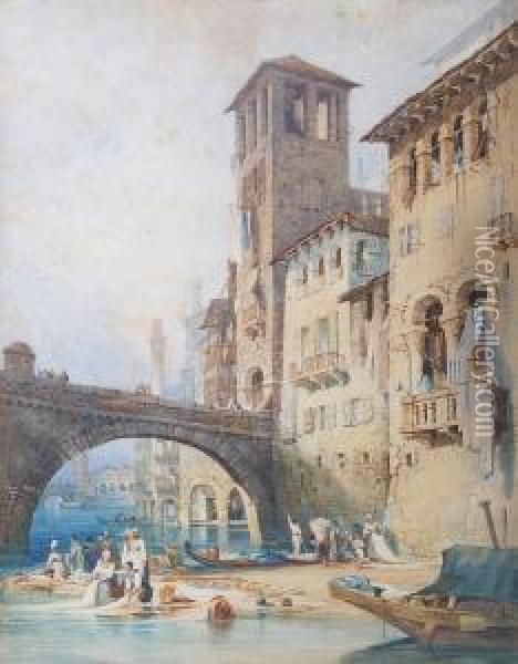 Ponte Del Castel Vecchio, Verona Oil Painting - Samuel Prout