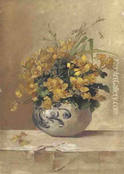 Buttercups and wild grass in a pot Oil Painting - English School