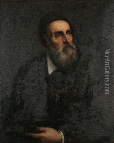 A Portrait Of The Artist, Half-length, In A Black Fur-trimmed Coat With A White Collar Oil Painting - Tiziano Vecellio (Titian)