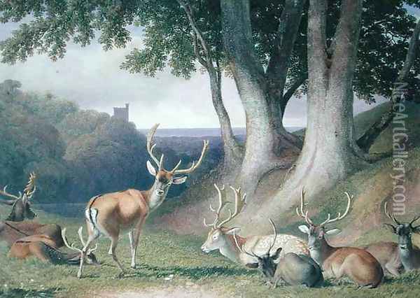 Landscape with Deer Oil Painting - Robert Hills